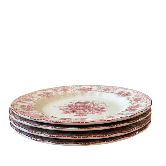 4pc Palate & Plate Victorian RED Rose Floral 10.5" Dinner Plates Scalloped New - Picture 4 of 14